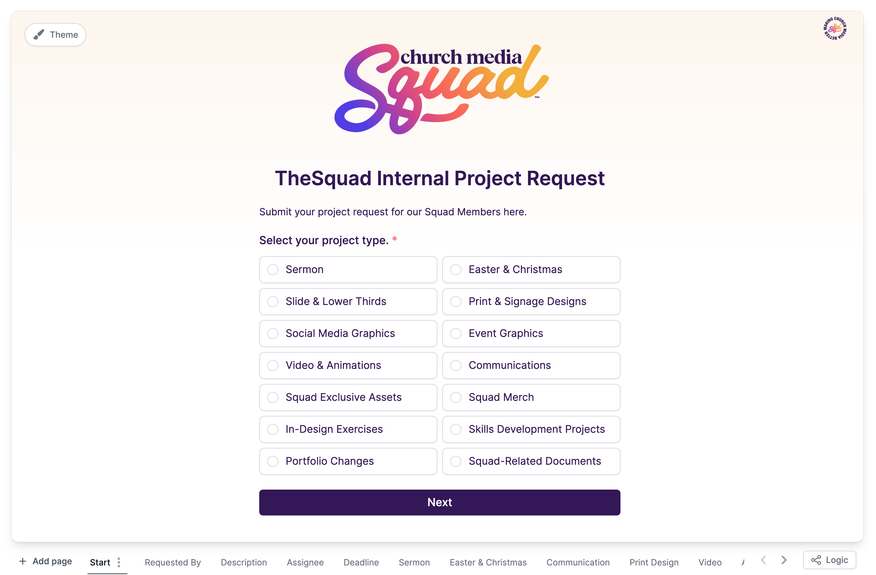 Church Media Squad’s Project request form, built with Fillavo