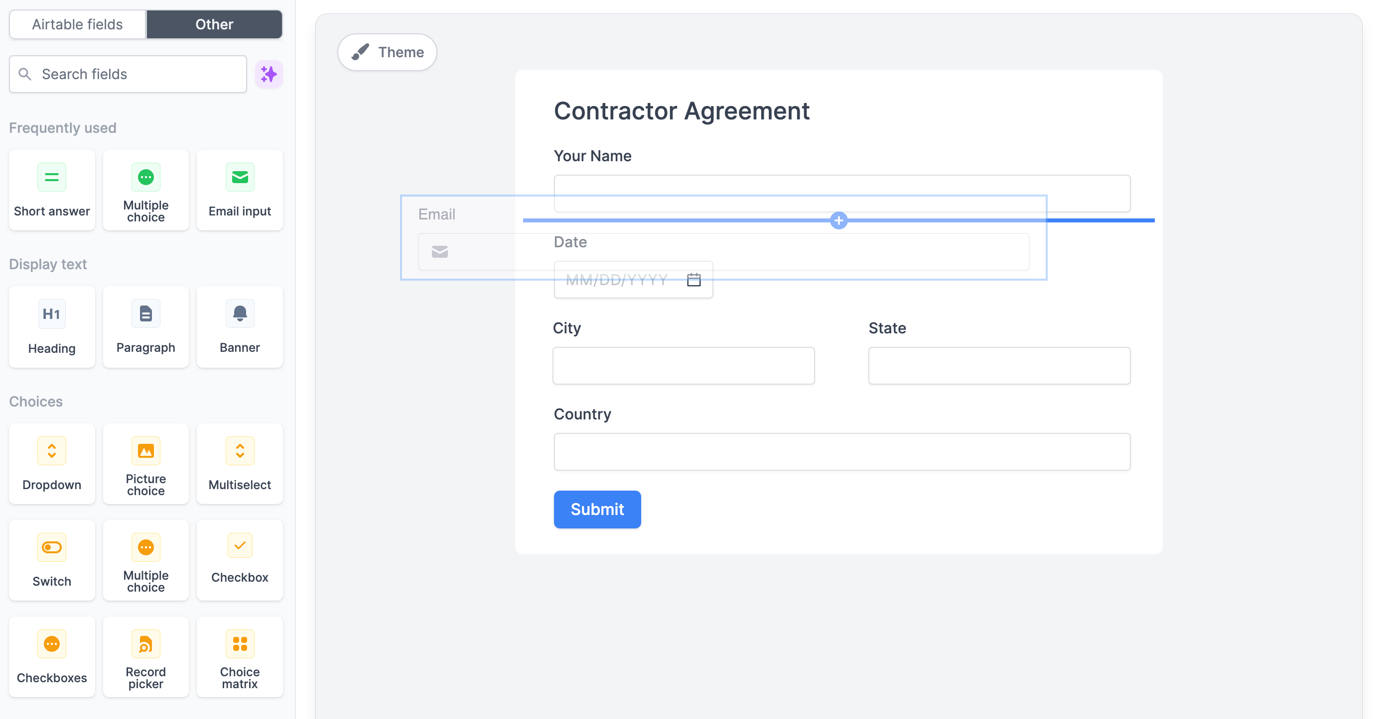 Drag-and-drop contract fields in—or use Fillavo’s form AI to add them automatically