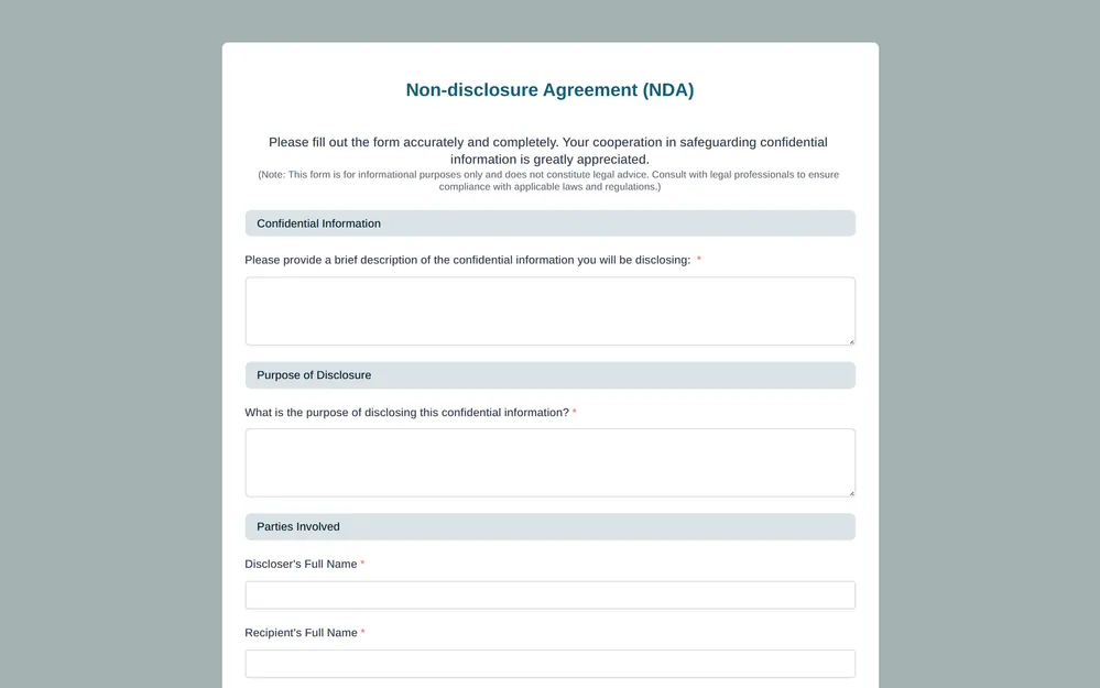 Modelo de formulario de acuerdo de confidencialidad (NDA) template preview