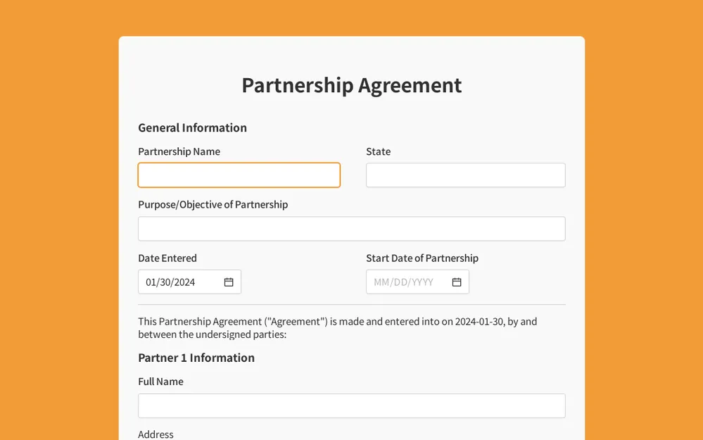 Partnership Agreement Form Template template preview