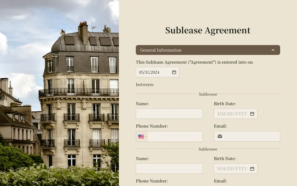 Sublease Form Template template preview